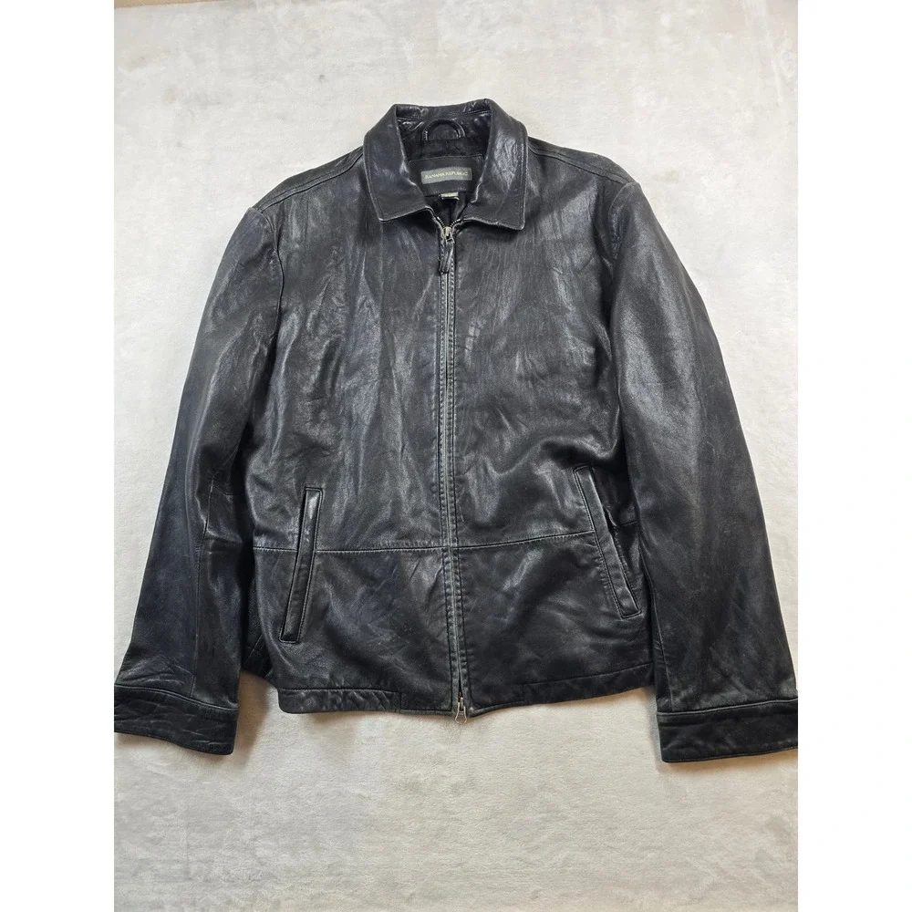 Banana Republic Leather Jacket Mens Large Black Distressed Well Worn Vintage